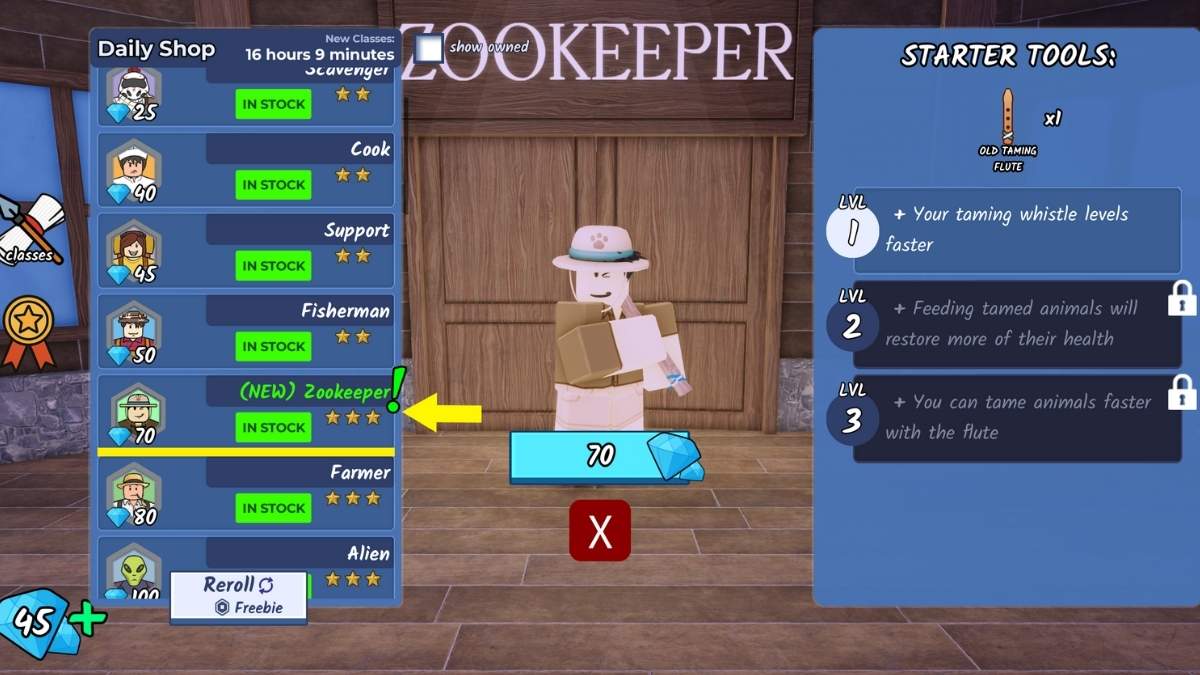 Zookeeper class in 99 Nights in the Forest