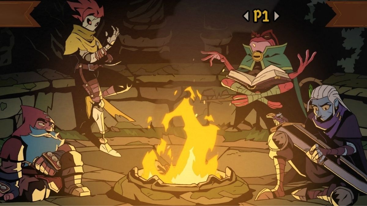 Character select screen showing the party relaxing around the campfire in Absolum
