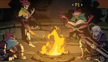 Character select screen showing the party relaxing around the campfire in Absolum
