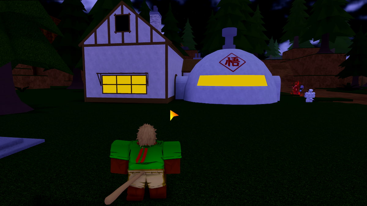 A player standing near a house