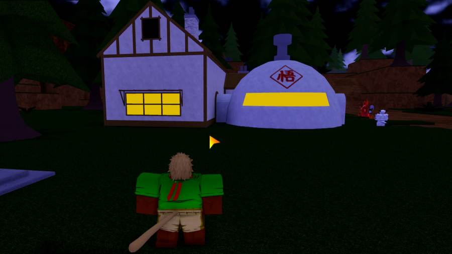 A player standing near a house