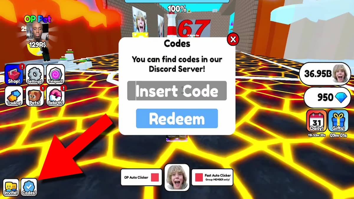 How to redeem codes in 67 Clicker.