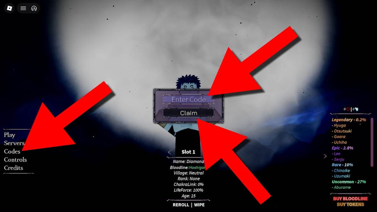 Bloodlines game screenshot showing how to redeem codes, with red arrows pointing to the Codes menu, code entry field, and Claim button.