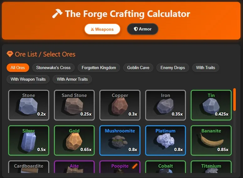 Roblox The Forge Crafting Calculator