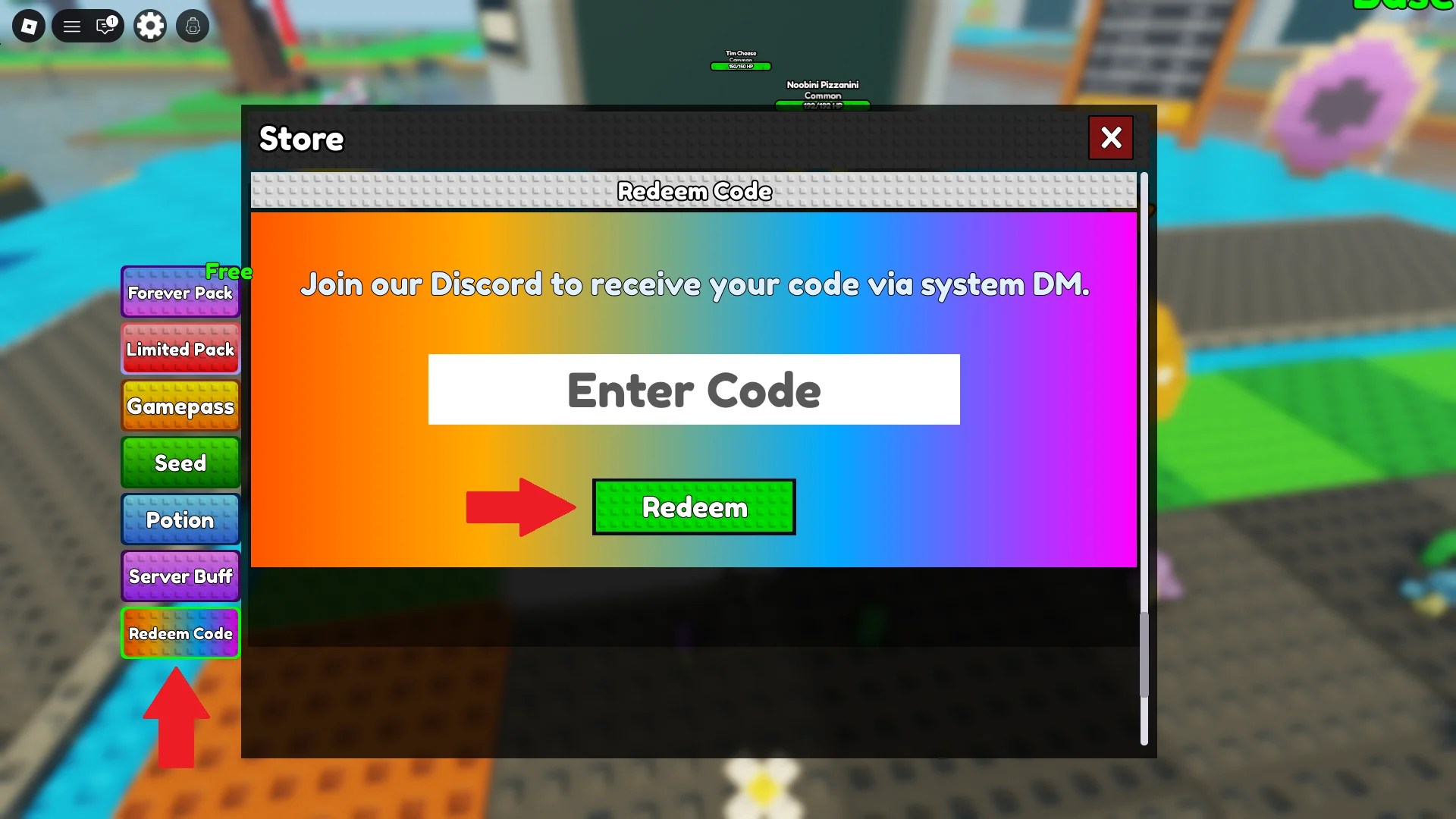 Preview of the codes redeem section of the in-game Store in Merge and Fight Roblox experience.
