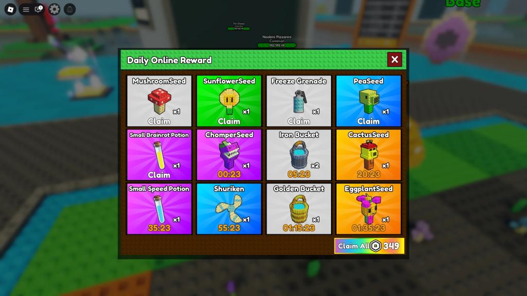Preview of the daily playtime rewards in Merge and Fight Roblox experience.