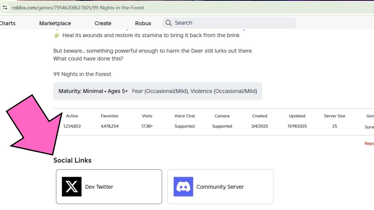 Where to find Roblox game social links