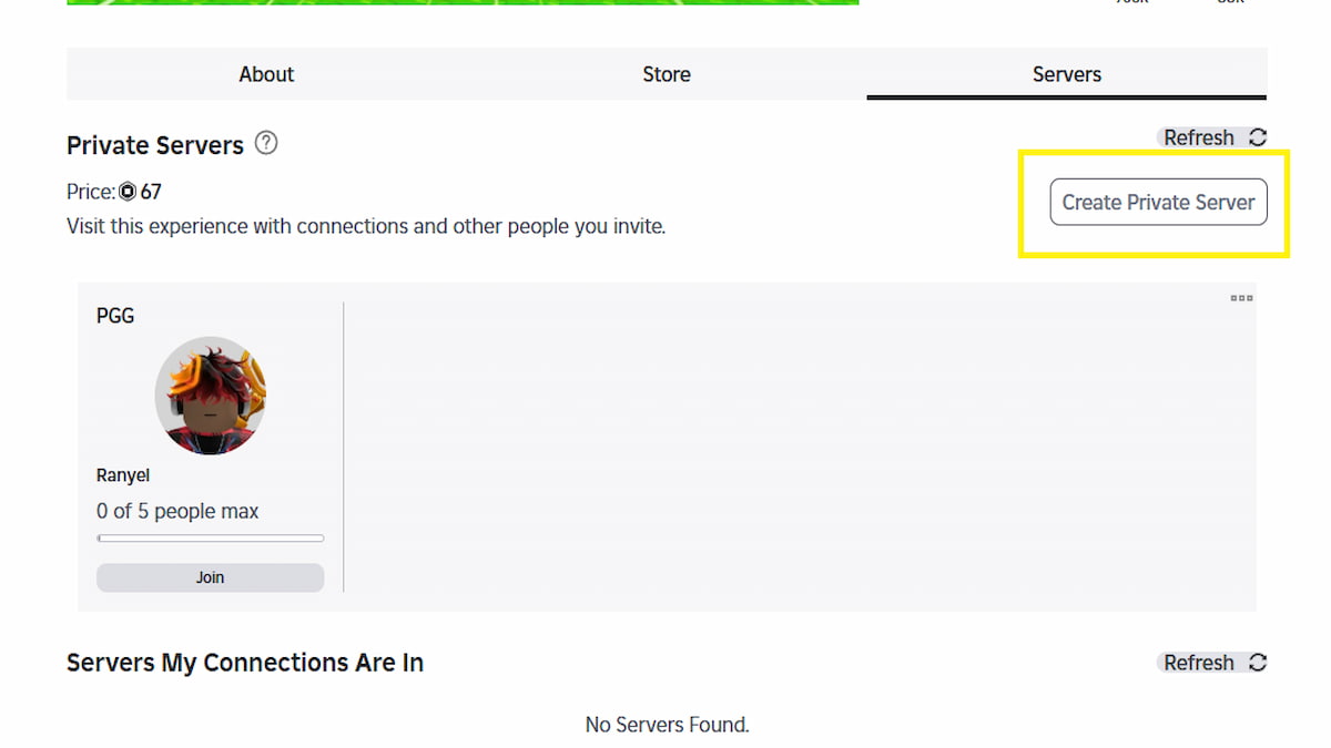 The Private Server Purchase area