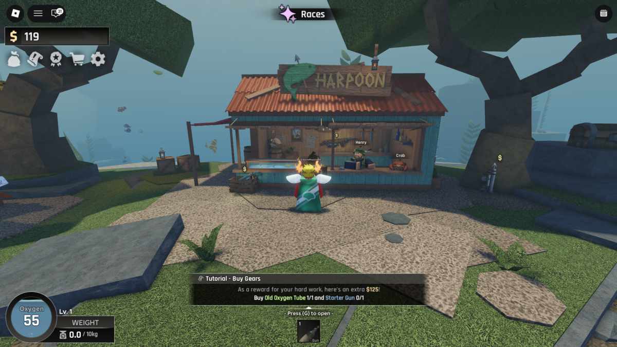 You can get guns from the Harpoon shop in Abyss