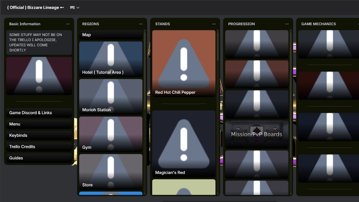 Bizarre Lineage Official Trello board with stands, regions, and game mechanics
