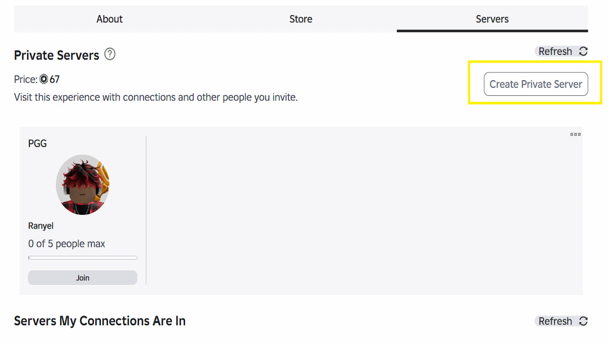 The server create button