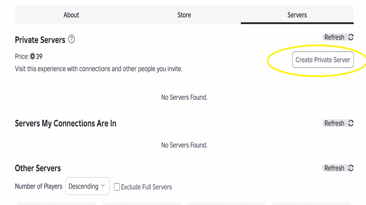 The Private Server Purchase Menu
