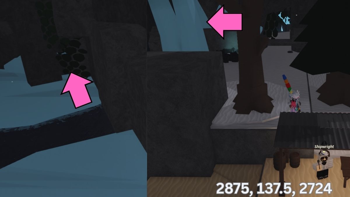 Secret passage on Snowcap Island in Fisch where the Lost Rod is located