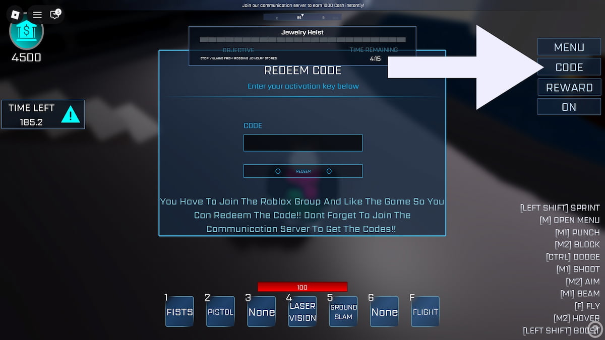 Roblox Era of Supes code redemption system.