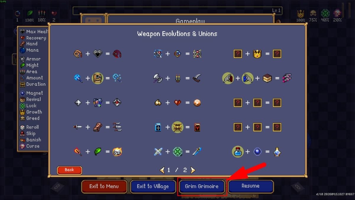 Grim Grimoire evolutions and unions menu in Vampire Crawlers