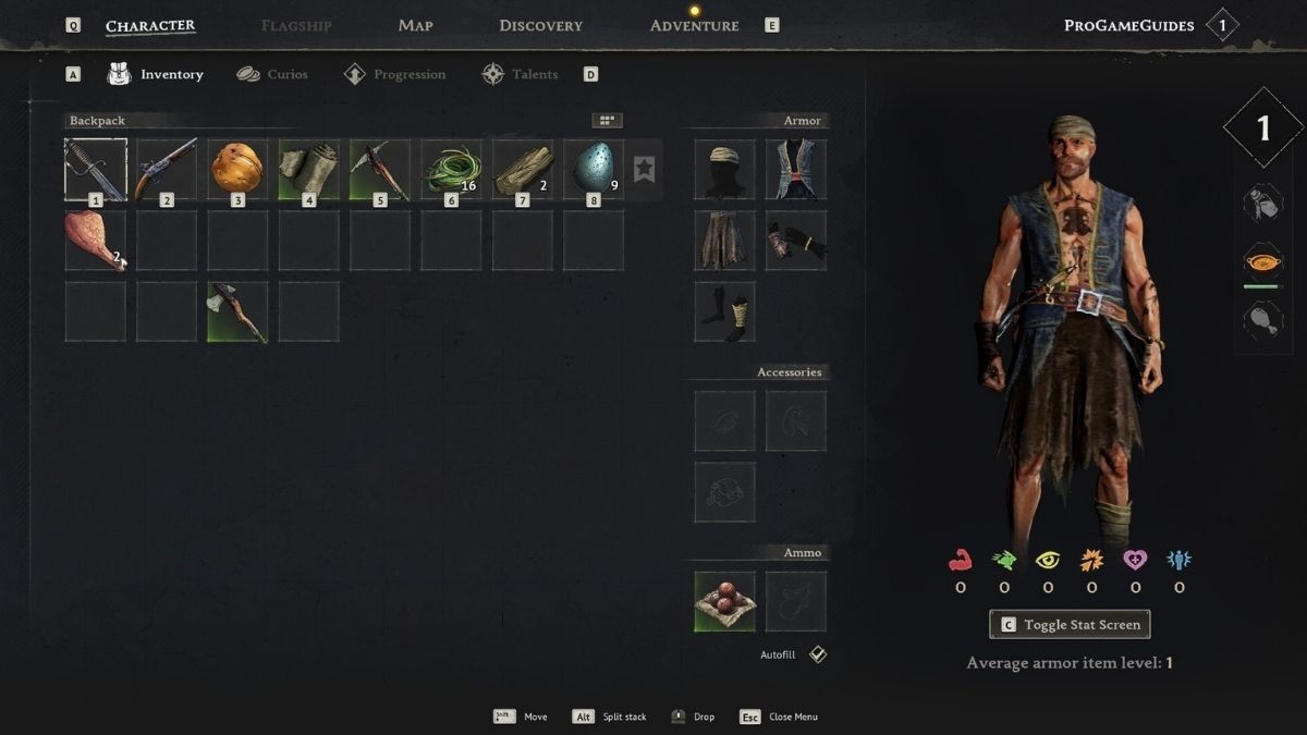 Character screen in Windrose pirate game