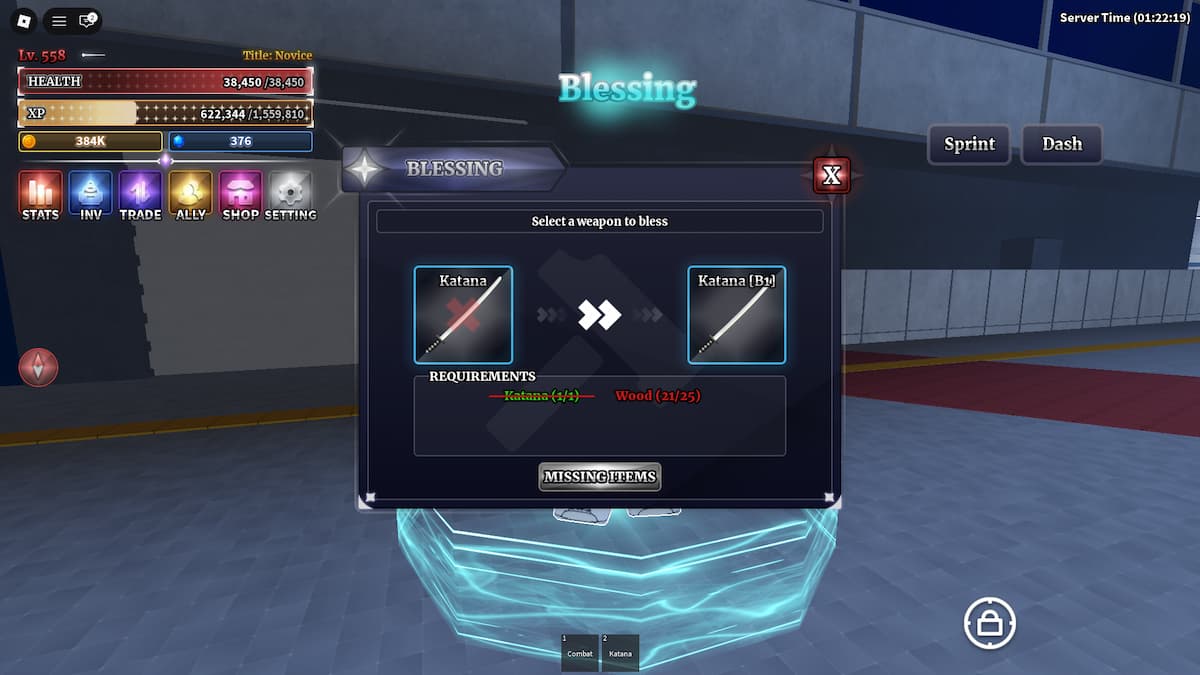 Blessings menu in Sailor Piece