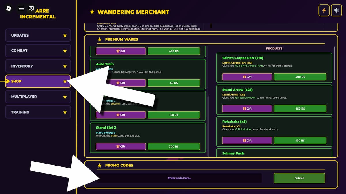 How to redeem codes in Jojo's Bizarre Incremental.