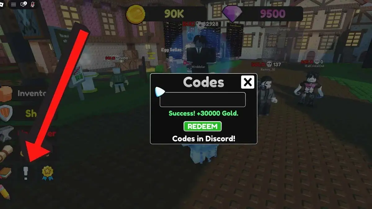 Robong Survivors codes redemption screen showing the Codes menu, code entry field, and Redeem button, with a red arrow pointing to the codes icon.