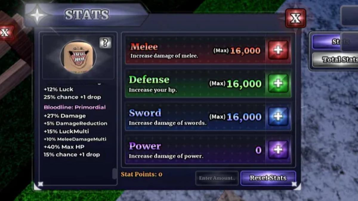 The player stat menu in Sailor Piece