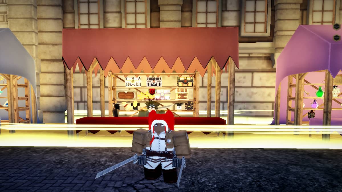 A player standing in front of a shop in AOTR