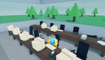 A player sitting in one of the trading computers in Stonks