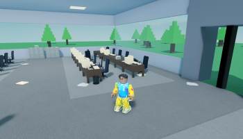 A player standing near all the stock market trading computers in Stonks
