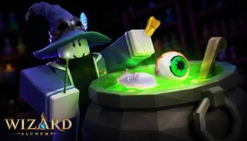 A player mixing items in a cauldron