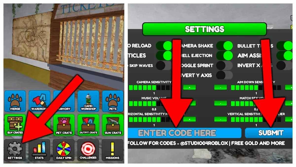 Poly Z RNG codes redemption screen showing the Settings button, code entry field, and Submit button highlighted with red arrows.