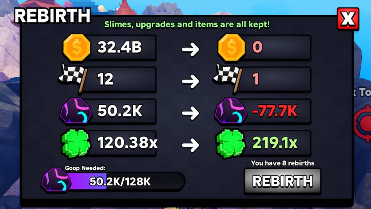 The Rebirth Menu in Slime RNG