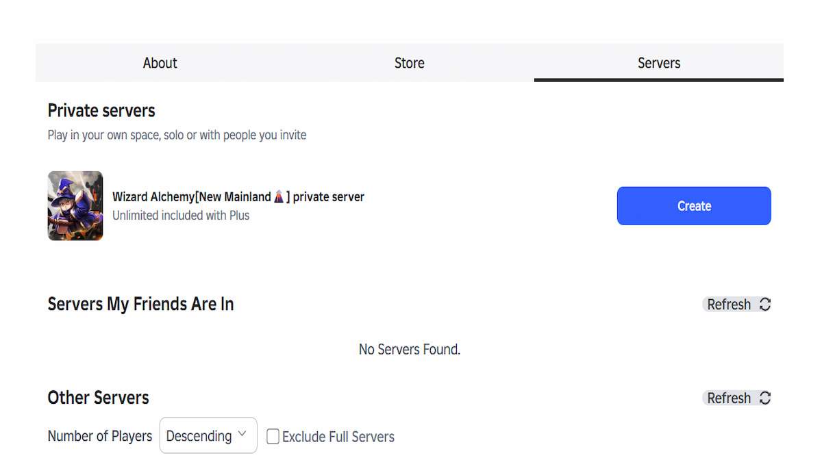 The Wizard Alchemy Private Server Menu in Roblox