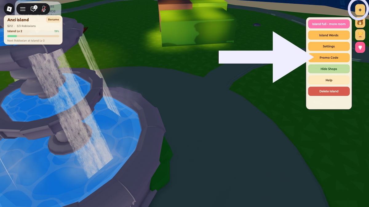 Roblox Bloxodachi Life code redemption system. The menu button and the arrow pointing to it.