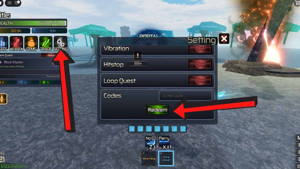 Roblox Broken Blade Codes redemption screen showing the arrow pointing to the Settings button on the left, and the code system.