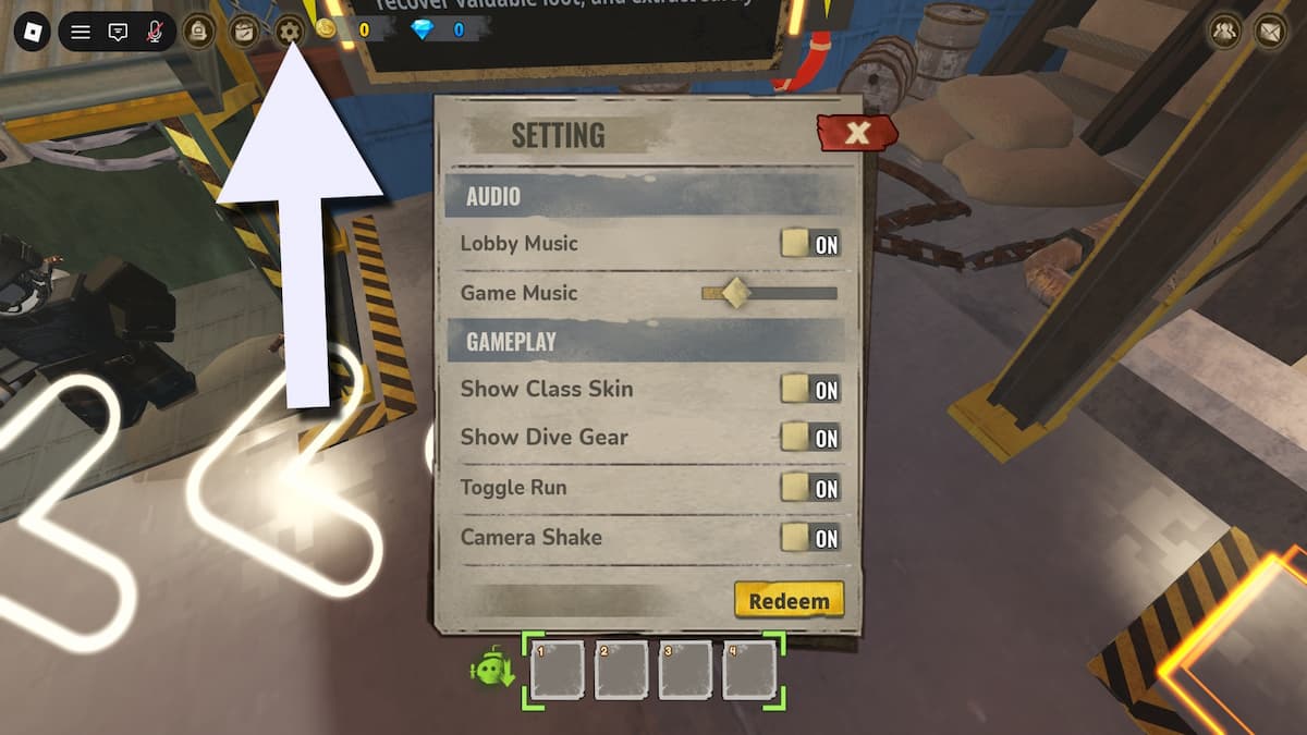 Roblox Loot the Deep code system and an arrow pointing to the settings button.
