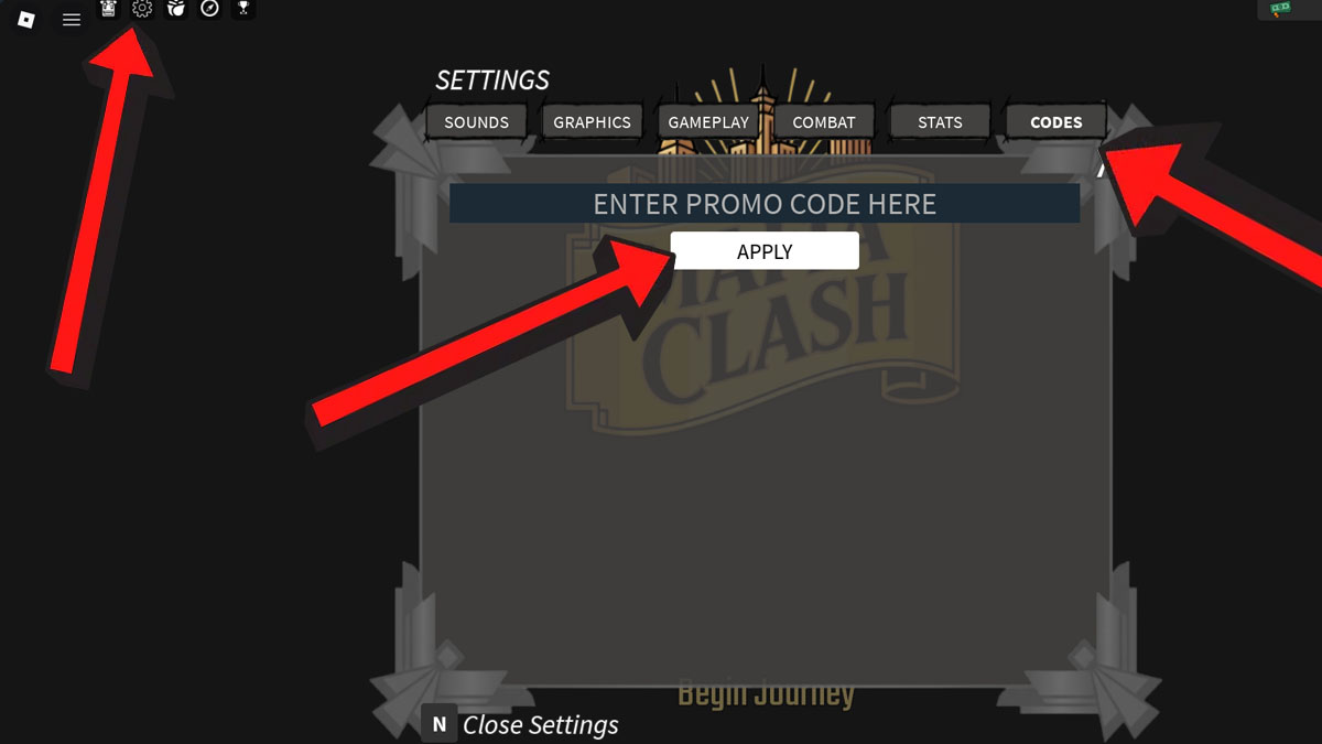Mafia Clash codes redemption screen showing the arrow pointing to the Settings icon at the top, and the code redemption system.