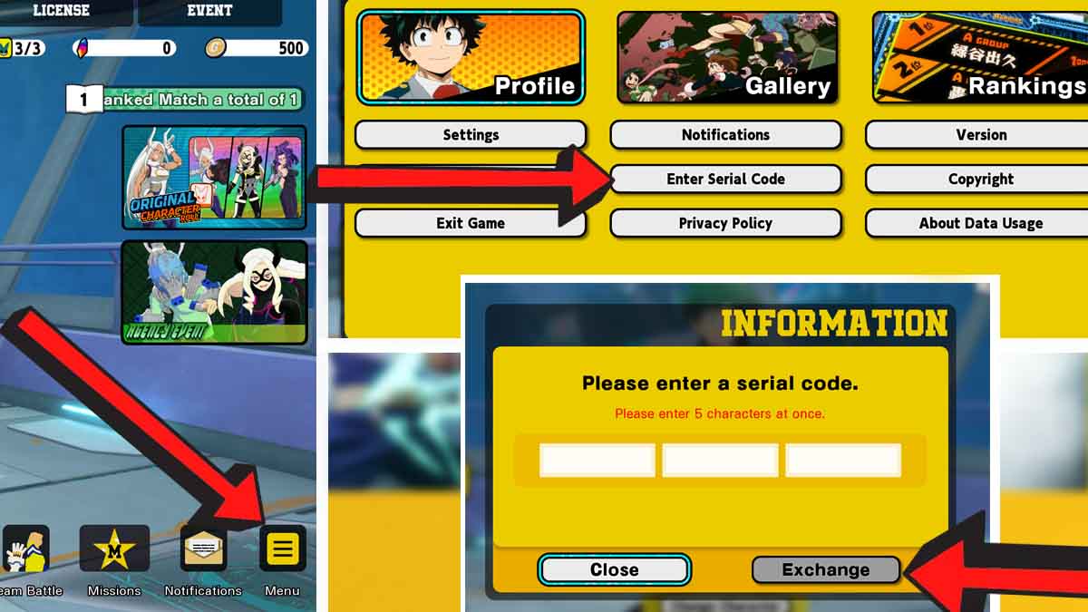 My Hero Ultra Rumble codes redemption screen showing the arrow pointing to the Menu icon at the bottom right, and the code redemption system.