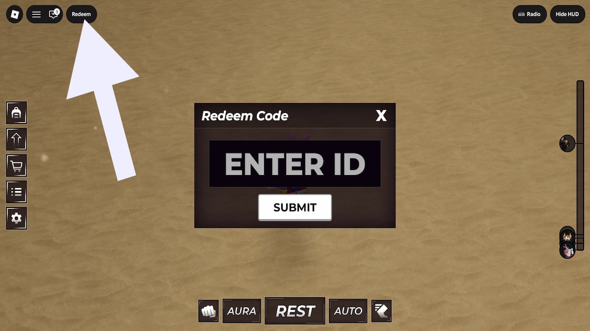 Roblox Re: Aura code system. An arrow pointing to the Redeem button.