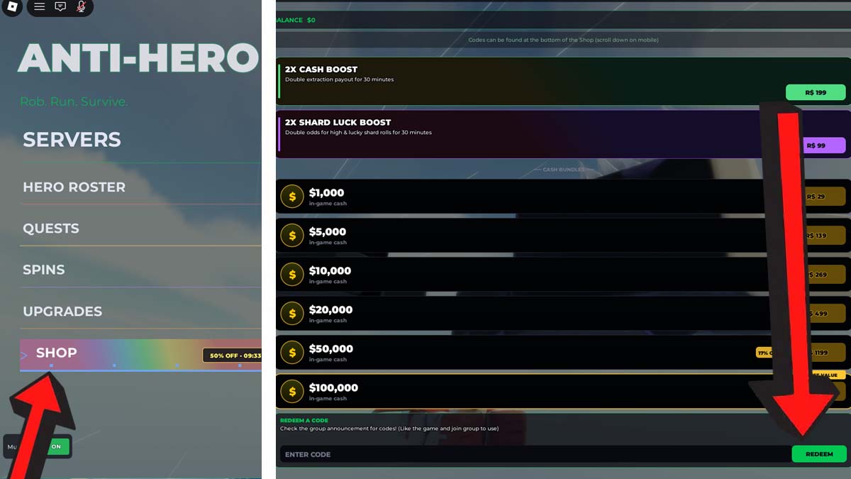 Roblox Anti Hero codes redemption screen showing the arrow pointing to the Store icon at the left, and the code redemption system.