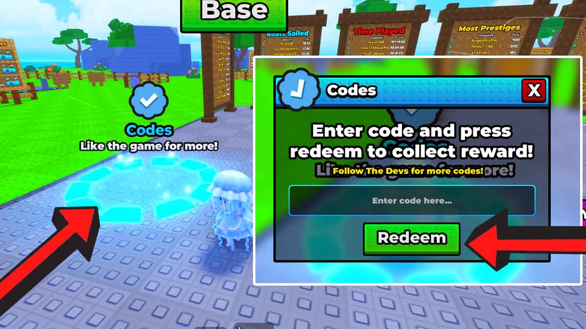 Sail Your Boat codes redemption screen showing the arrow pointing to the codes section in the center of the map, and the code redemption system.