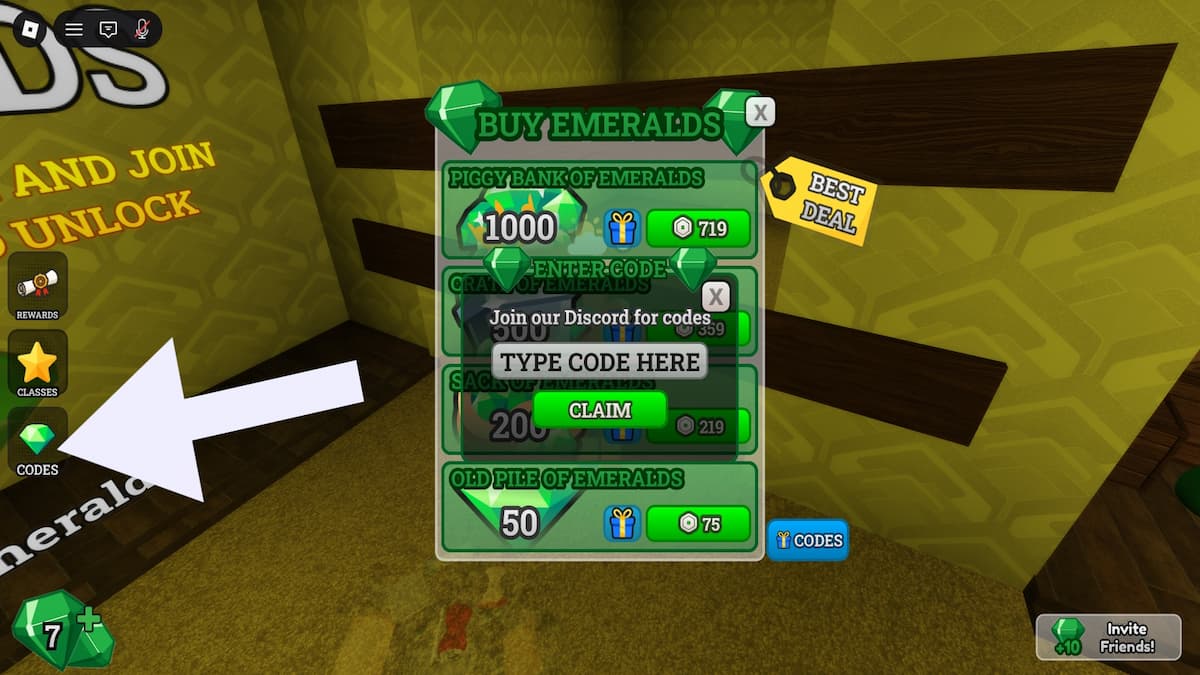 Roblox Survive the Backrooms codes redemption screen showing the arrow pointing to the Codes button on the left, and the code system.