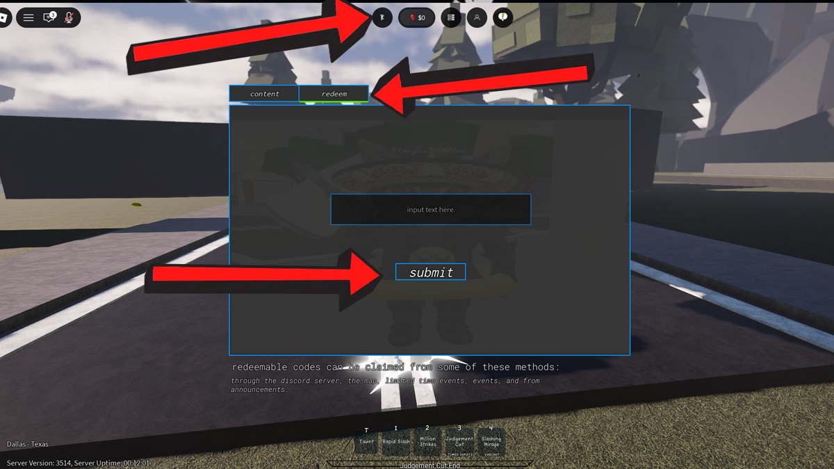 Vergil Game codes redemption screen showing the arrow pointing to the Menu icon at the top, and the code redemption system.