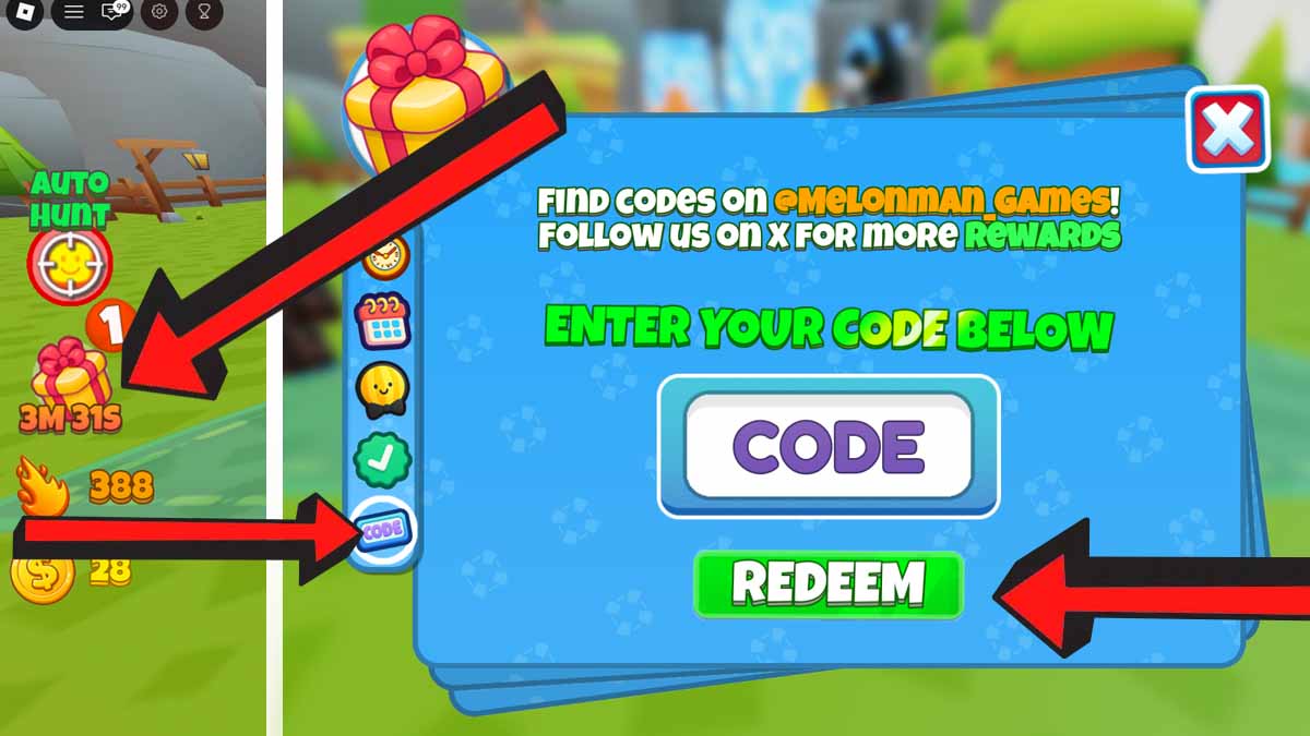Weapon RNG codes redemption screen showing the arrow pointing to the Gift icon at the left, and the code redemption system.