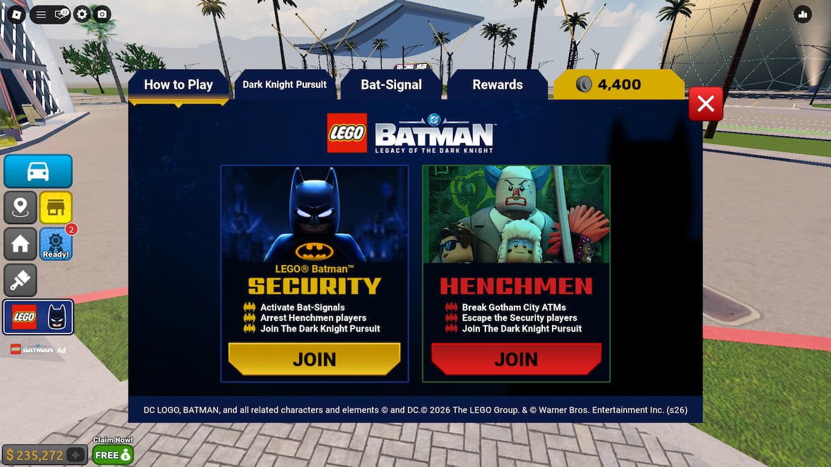 image showing the Lego Batman Event menu in Driving Empire