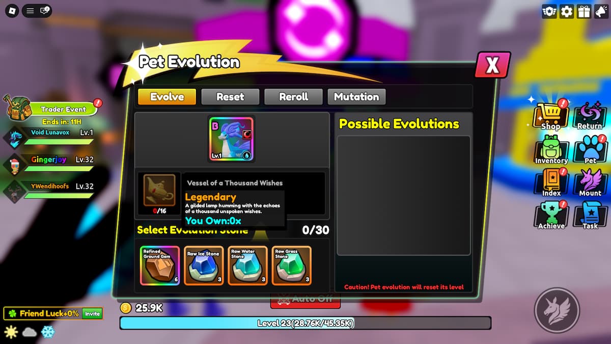 image showing the Pet Evolution menu in Catch a Monster