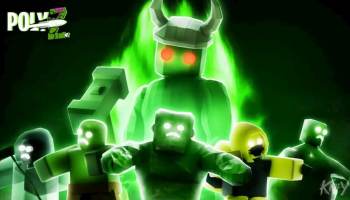 Poly Z RNG featured image showing a group of glowing Roblox characters surrounded by a green aura, with a horned figure towering behind them.