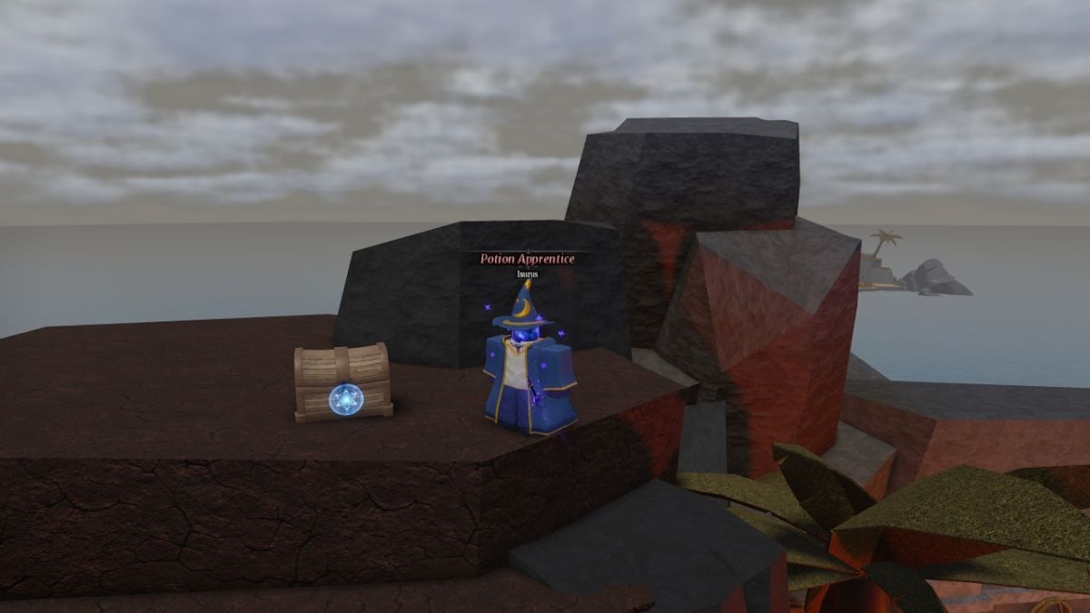 Roblox Wizard Alchemy Sea of Oblivion chest location at the spawn point