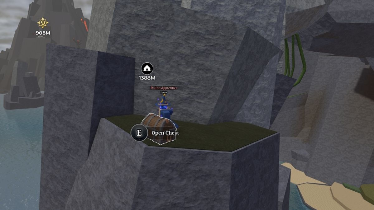 This chest is located on the  left side of the lava waterfall on the smaller of the two islands in Wizard Alchemy
