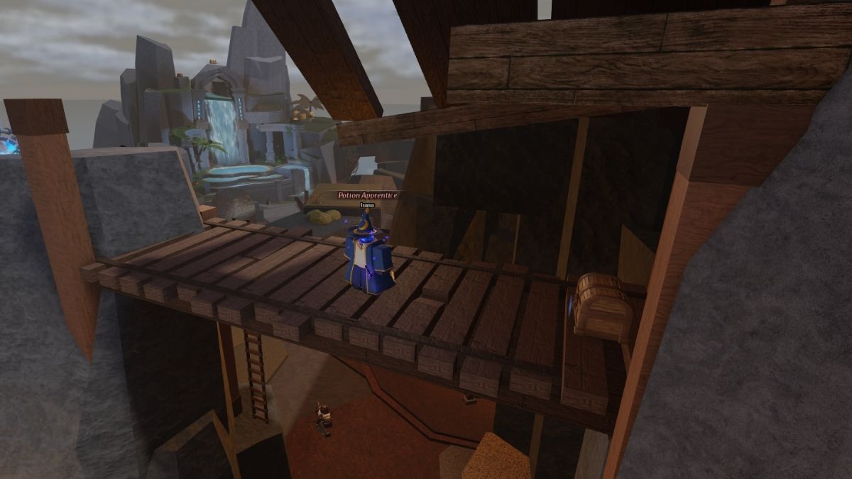 Chest located on a wooden bridge next to the lava waterfall in Wizard Alchemy