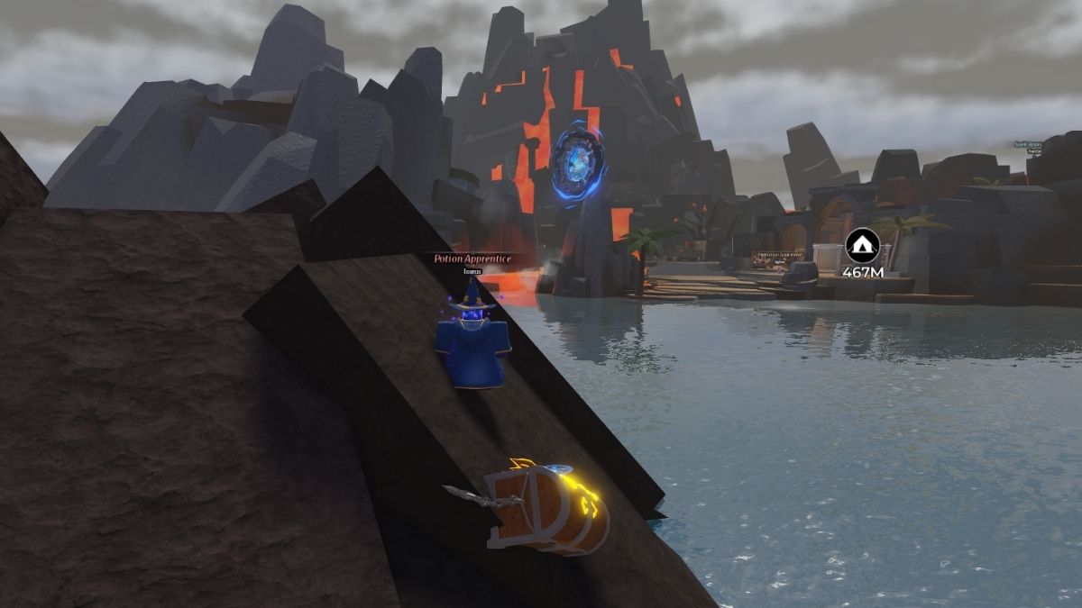 Location of four chests on a volcano looking island in Wizard Alchemy Roblox