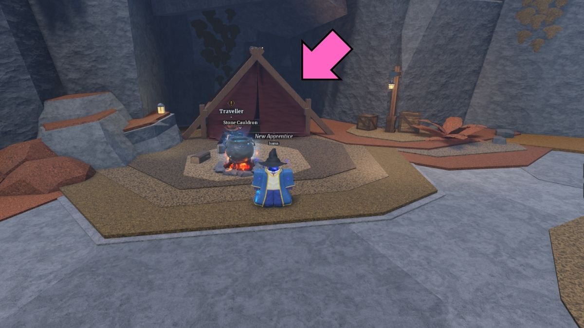 Location of the chest behind the tent and the Traveler NPC in Wizard Alchemy